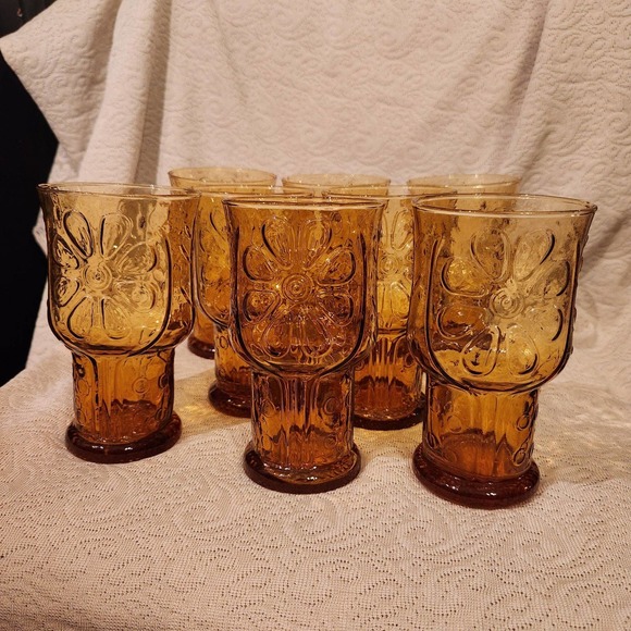 Libbey Other - Vintage Libbey Amber Country Garden, Daisy Flower, tumbler 6", set of 8